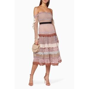 Self-Portrait Bellis Off-Shoulder Guipure Lace Dress crochet floral pink size 4
